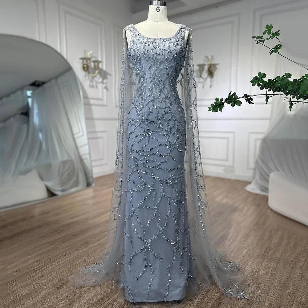 Serene Hill Gray Mermaid Arabic Evening Dresses Gowns Elegant Cape Sleeves Luxury Beaded 2024 For Women Wedding Party LA72149