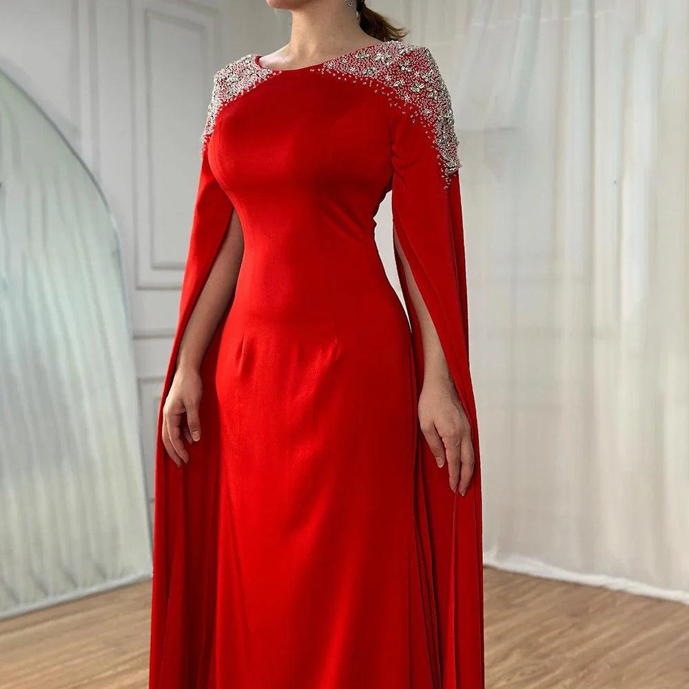 Serene Hill Green Mermaid Satin Cape Sleeves Beaded Elegant Evening Dresses Gowns For Women Party LA70934