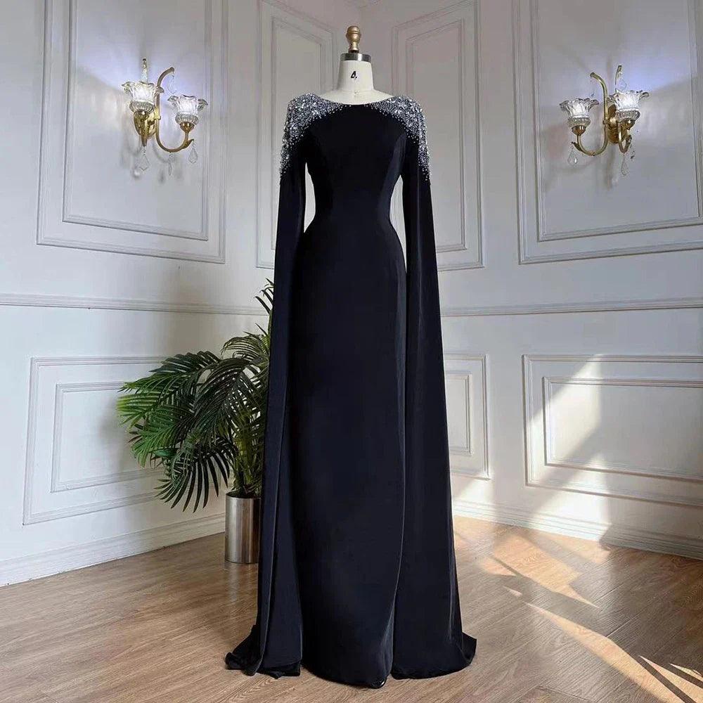 Serene Hill Green Mermaid Satin Cape Sleeves Beaded Elegant Evening Dresses Gowns For Women Party LA70934