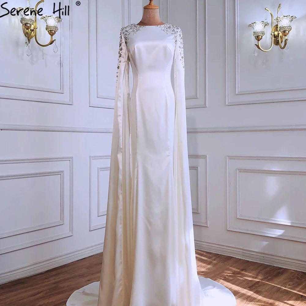 Serene Hill Green Mermaid Satin Cape Sleeves Beaded Elegant Evening Dresses Gowns For Women Party LA70934