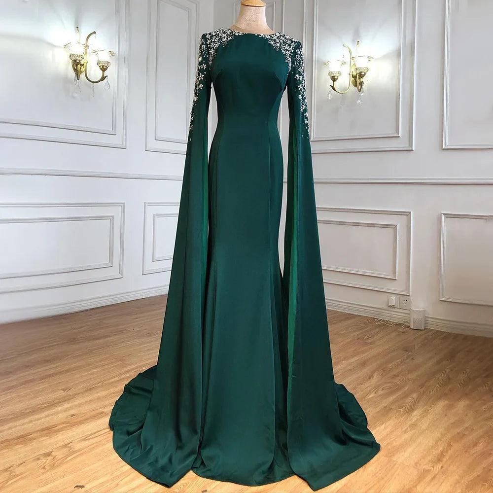Serene Hill Green Mermaid Satin Cape Sleeves Beaded Elegant Evening Dresses Gowns For Women Party LA70934
