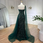 Vestido de noche de sirena de lujo verde con un hombro y capa