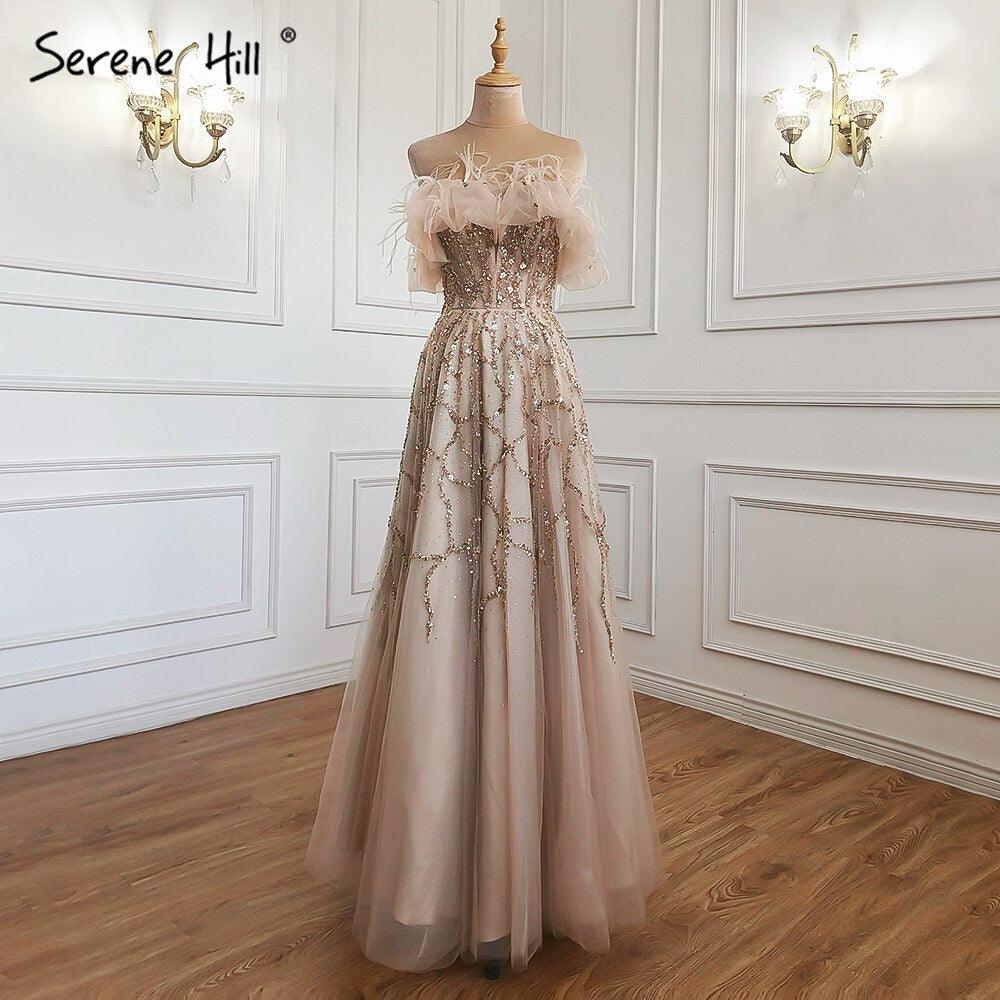 Serene Hill Grey A-Line Sexy Evening Dresses Gowns 2024 Beaded Feather Sparkle Formal Women Party LA71328 Featured