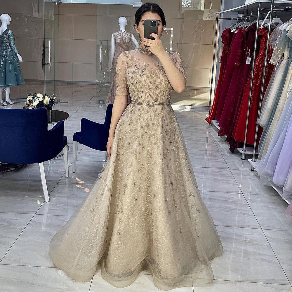 Serene Hill Grey Beaded Sparkle A-Line Evening Dresses Gowns 2024 Half Sleeves Luxury For Women Party LA71378
