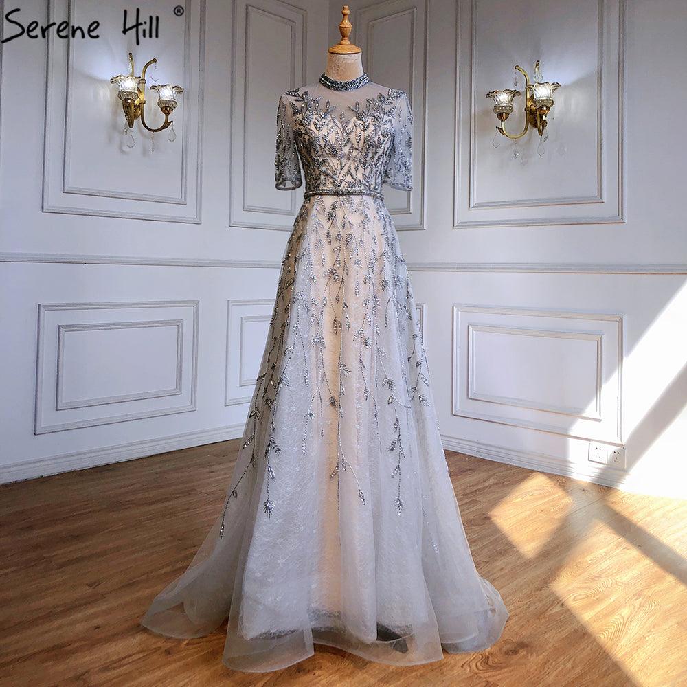 Serene Hill Grey Beaded Sparkle A-Line Evening Dresses Gowns 2024 Half Sleeves Luxury For Women Party LA71378