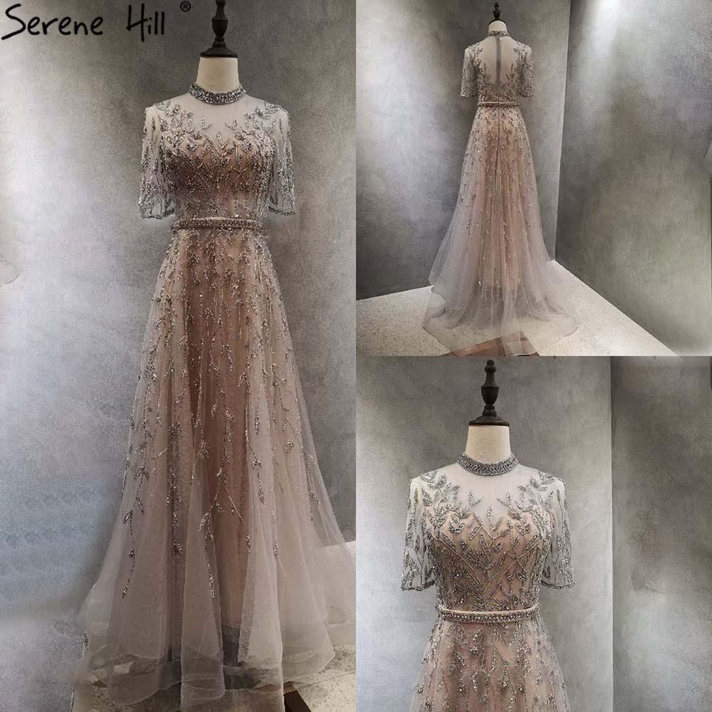 Serene Hill Grey Beaded Sparkle A-Line Evening Dresses Gowns 2024 Half Sleeves Luxury For Women Party LA71378
