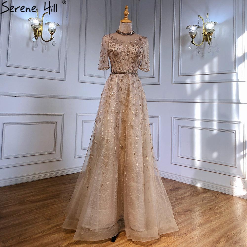 Serene Hill Grey Beaded Sparkle A-Line Evening Dresses Gowns 2024 Half Sleeves Luxury For Women Party LA71378