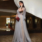 Serene Hill Grey Luxury A-Line Sexy Evening Dresses Gowns Diamond Beaded Elegant 2024 For Women Party LA70788