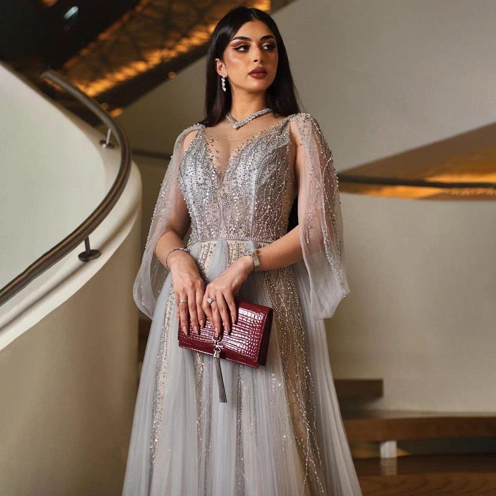 Serene Hill Grey Luxury A-Line Sexy Evening Dresses Gowns Diamond Beaded Elegant 2024 For Women Party LA70788