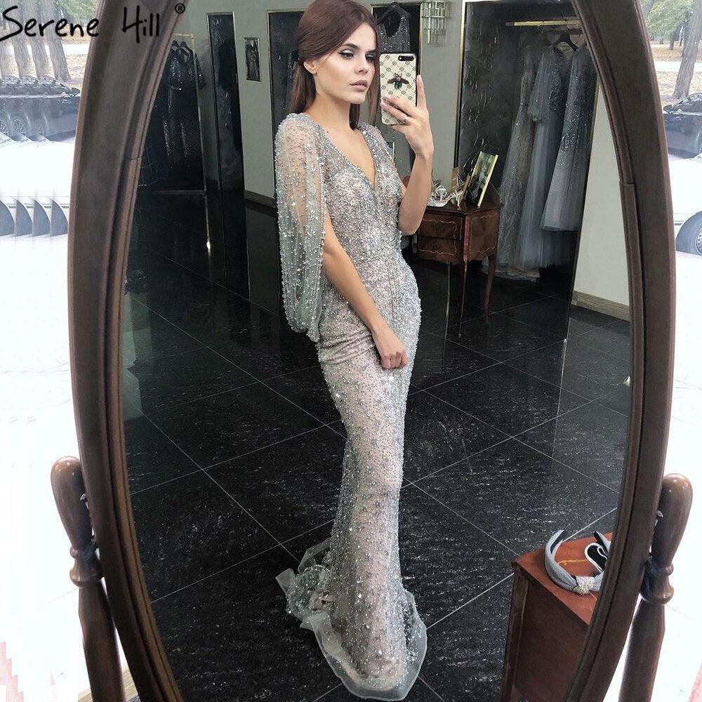 Serene Hill - Vestido de noche de sirena gris de lujo con brillo, elegante, con cuentas y cristales, sexy, para mujer, fiesta, LA70847 