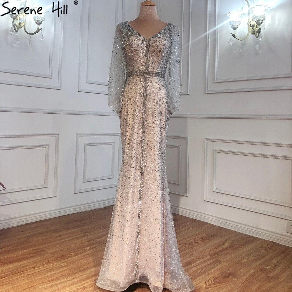 Serene Hill - Vestido de noche de sirena gris de lujo con brillo, elegante, con cuentas y cristales, sexy, para mujer, fiesta, LA70847 