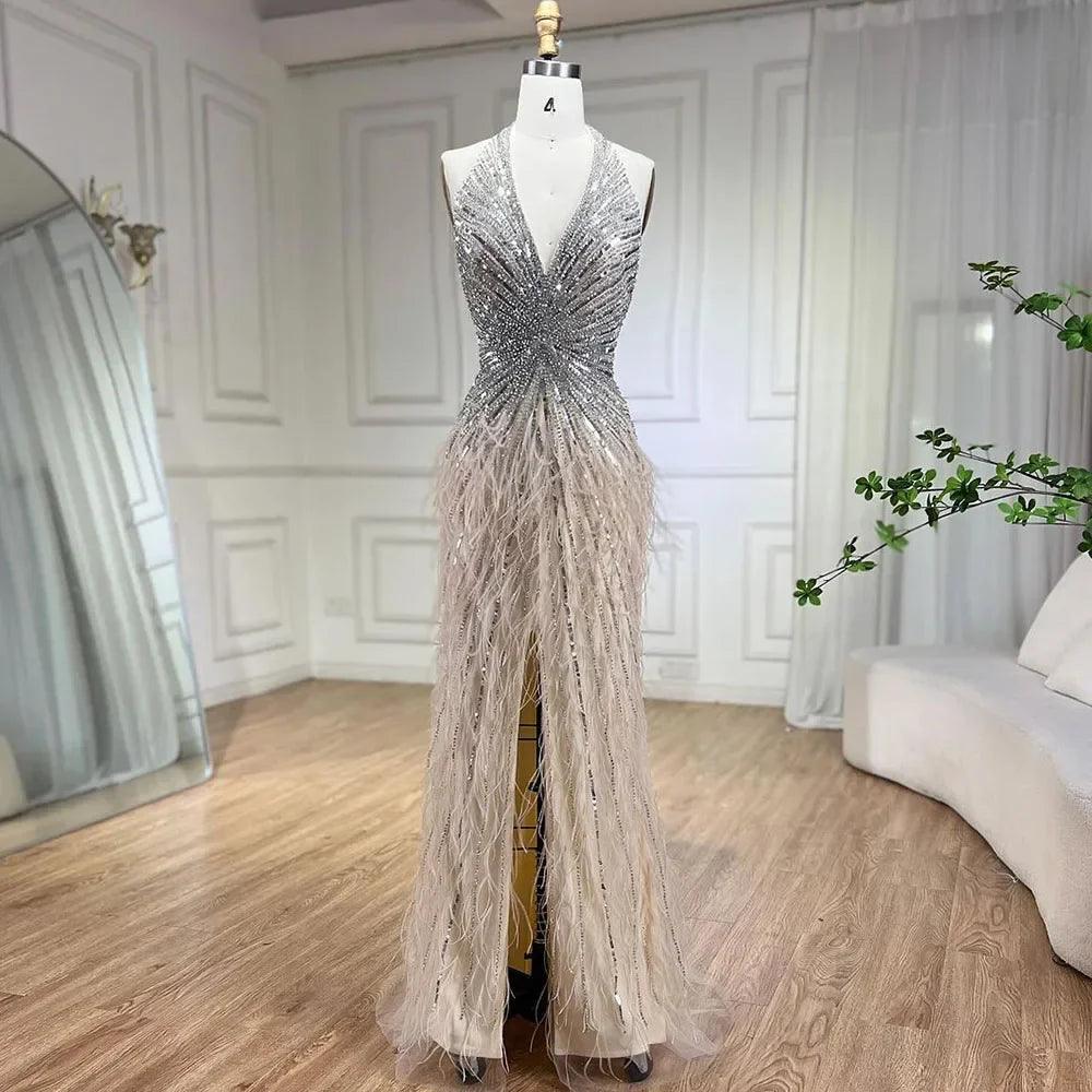 Serene Hill - Vestido de noche de lujo con cuentas y plumas en beige, corte sirena, espalda descubierta, 2024, para mujer, fiesta, LA70623B 