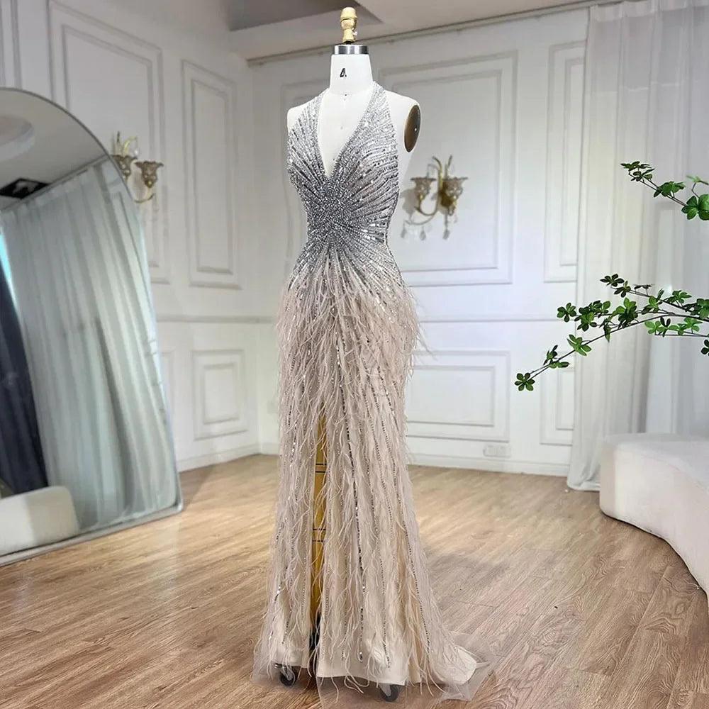 Serene Hill - Vestido de noche de lujo con cuentas y plumas en beige, corte sirena, espalda descubierta, 2024, para mujer, fiesta, LA70623B 