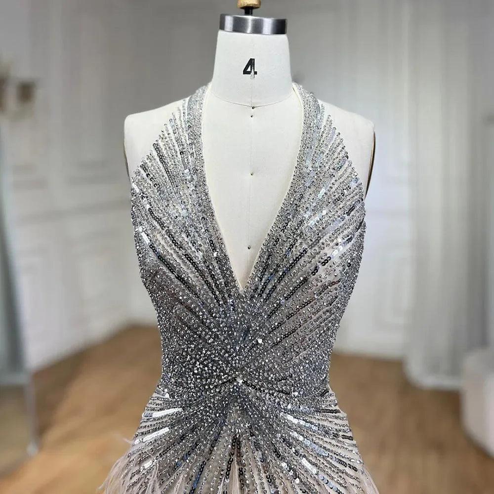 Serene Hill - Vestido de noche de lujo con cuentas y plumas en beige, corte sirena, espalda descubierta, 2024, para mujer, fiesta, LA70623B 