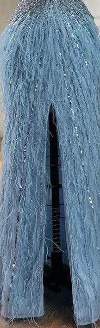 Serene Hill - Vestido de noche de lujo con cuentas y plumas en beige, corte sirena, espalda descubierta, 2024, para mujer, fiesta, LA70623B 