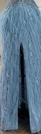 Serene Hill - Vestido de noche de lujo con cuentas y plumas en beige, corte sirena, espalda descubierta, 2024, para mujer, fiesta, LA70623B 