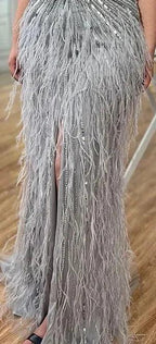 Serene Hill - Vestido de noche de lujo con cuentas y plumas en beige, corte sirena, espalda descubierta, 2024, para mujer, fiesta, LA70623B 