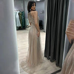 Serene Hill Luxury Dubai Arabic A-Line Gold Beaded Tassel Formal Evening Dresses for Women's Wedding Party Gowns 2024 LA70357