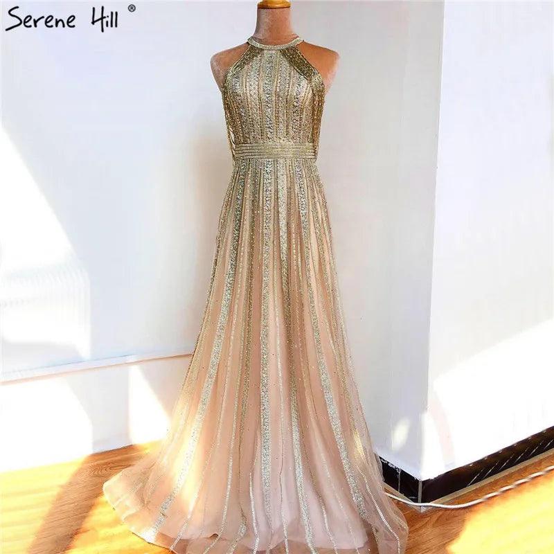 Serene Hill Luxury Dubai Arabic A-Line Gold Beaded Tassel Formal Evening Dresses for Women's Wedding Party Gowns 2024 LA70357