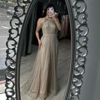 Serene Hill Luxury Dubai Arabic A-Line Gold Beaded Tassel Formal Evening Dresses for Women's Wedding Party Gowns 2024 LA70357