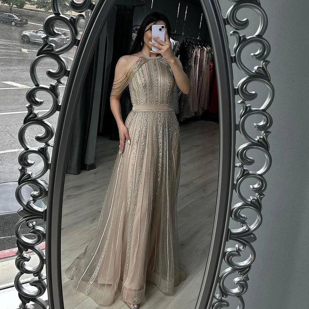 Serene Hill Luxury Dubai Arabic A-Line Gold Beaded Tassel Formal Evening Dresses for Women's Wedding Party Gowns 2024 LA70357