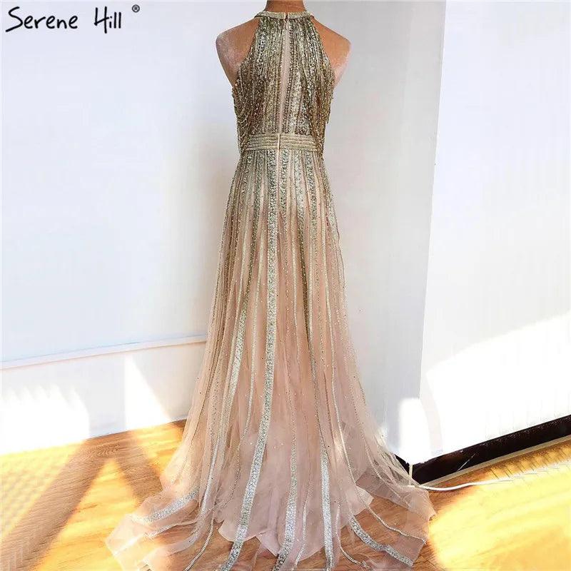 Serene Hill Luxury Dubai Arabic A-Line Gold Beaded Tassel Formal Evening Dresses for Women's Wedding Party Gowns 2024 LA70357