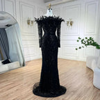 Luxuriöses grünes Abendkleid mit langen Ärmeln, Federn und Perlen aus Dubai