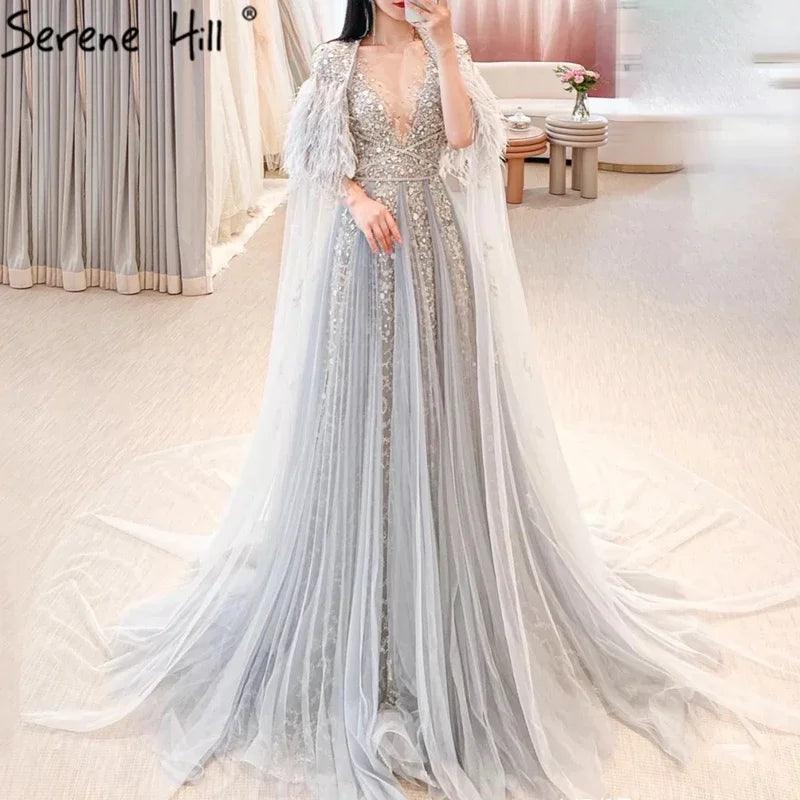 Serene Hill - Lujosos vestidos de noche formales de Dubái en gris con capa de plumas, dorados, árabes, para mujer, vestidos largos de fiesta de boda LA70640 