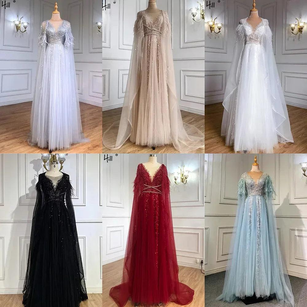Serene Hill - Lujosos vestidos de noche formales de Dubái en gris con capa de plumas, dorados, árabes, para mujer, vestidos largos de fiesta de boda LA70640 