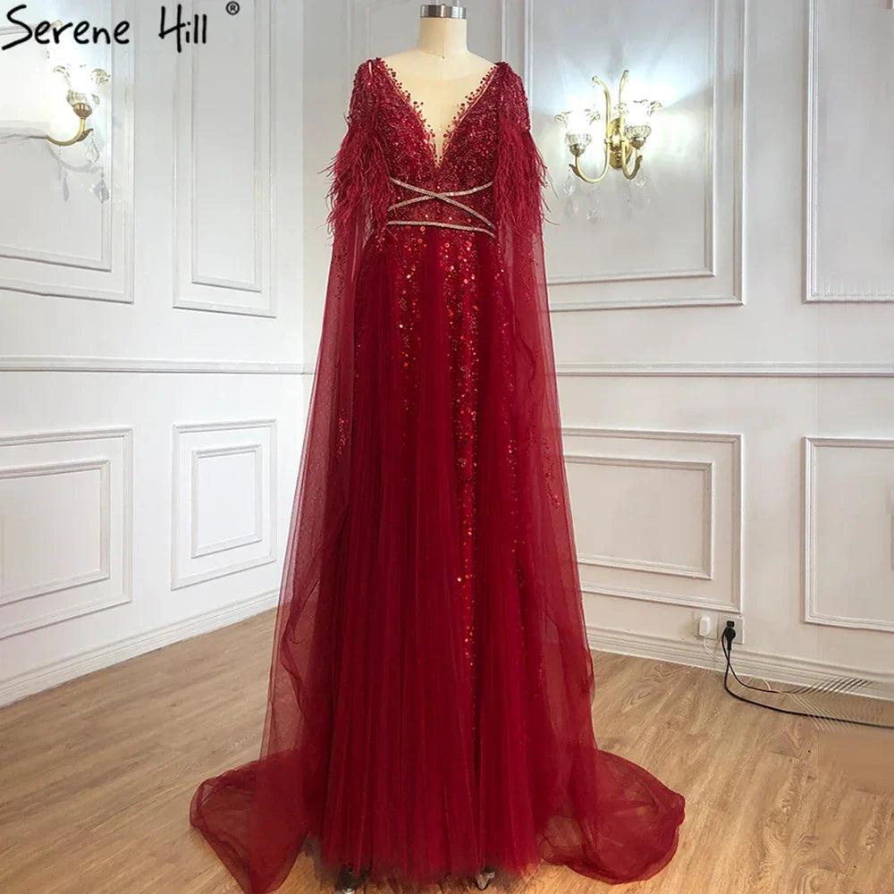 Serene Hill - Lujosos vestidos de noche formales de Dubái en gris con capa de plumas, dorados, árabes, para mujer, vestidos largos de fiesta de boda LA70640 
