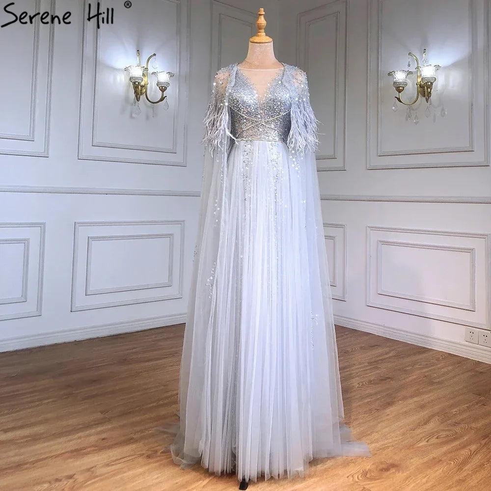 Serene Hill - Lujosos vestidos de noche formales de Dubái en gris con capa de plumas, dorados, árabes, para mujer, vestidos largos de fiesta de boda LA70640 