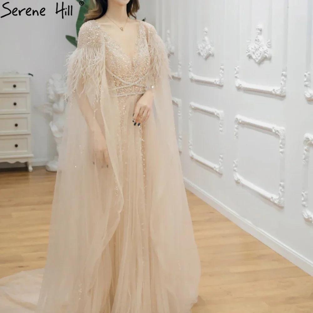 Serene Hill - Lujosos vestidos de noche formales de Dubái en gris con capa de plumas, dorados, árabes, para mujer, vestidos largos de fiesta de boda LA70640 
