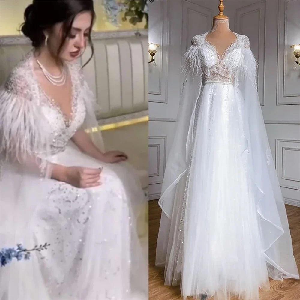 Serene Hill - Lujosos vestidos de noche formales de Dubái en gris con capa de plumas, dorados, árabes, para mujer, vestidos largos de fiesta de boda LA70640 