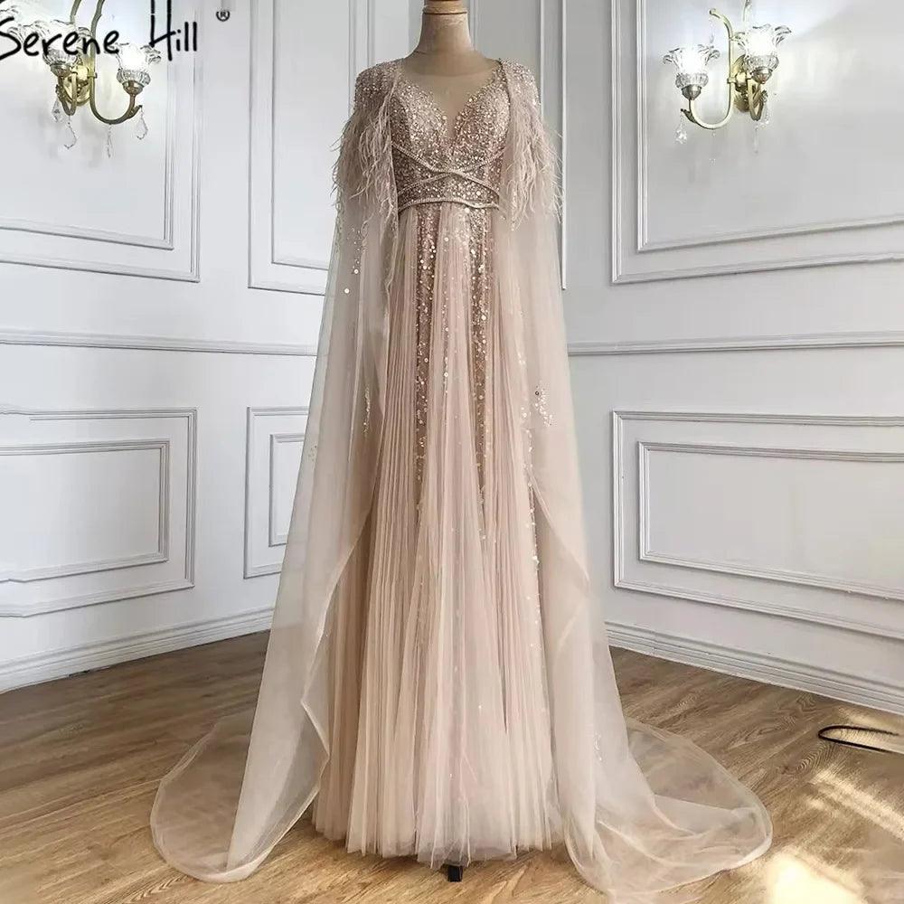 Serene Hill - Lujosos vestidos de noche formales de Dubái en gris con capa de plumas, dorados, árabes, para mujer, vestidos largos de fiesta de boda LA70640 