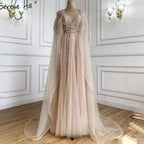 Serene Hill - Lujosos vestidos de noche formales de Dubái en gris con capa de plumas, dorados, árabes, para mujer, vestidos largos de fiesta de boda LA70640 