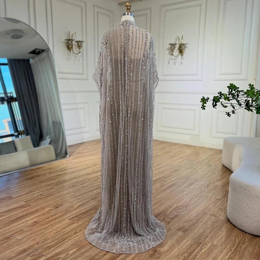 Serene Hill Luxury Dubai Silver Nude with Cape Mermaid Arabic Evening Dress Gowns with Beaded for Women's Party 2024 LA72484