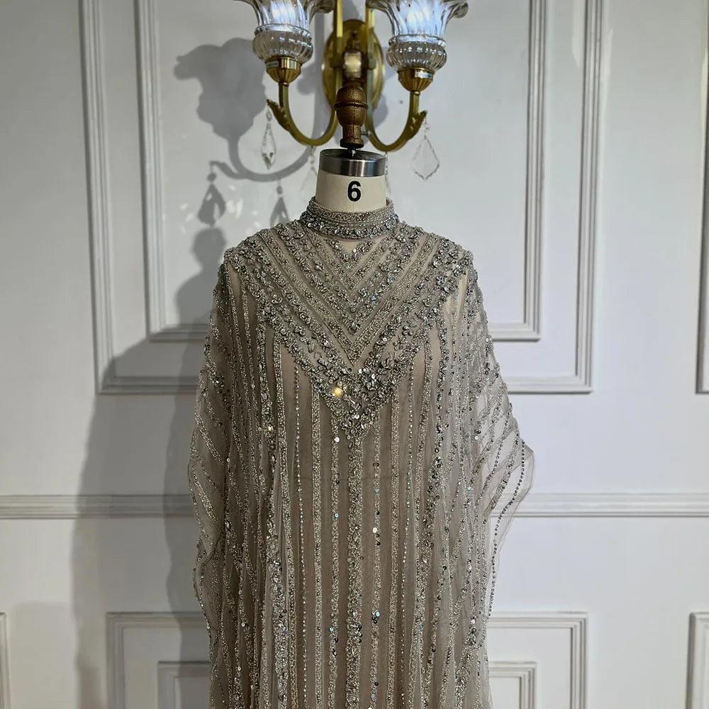 Serene Hill Luxury Dubai Silver Nude with Cape Mermaid Arabic Evening Dress Gowns with Beaded for Women's Party 2024 LA72484