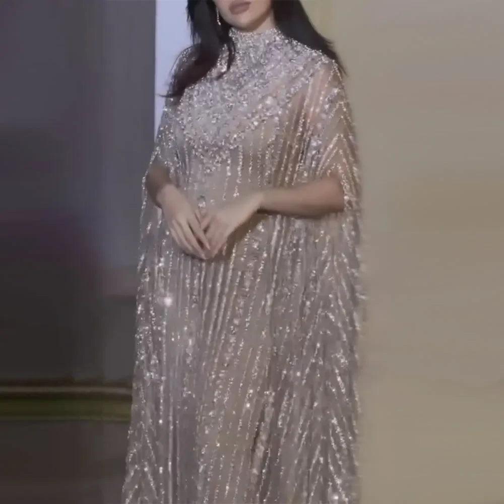 Serene Hill Luxury Dubai Silver Nude with Cape Mermaid Arabic Evening Dress Gowns with Beaded for Women's Party 2024 LA72484