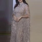 Serene Hill Luxury Dubai Silver Nude with Cape Mermaid Arabic Evening Dress Gowns with Beaded for Women's Party 2024 LA72484