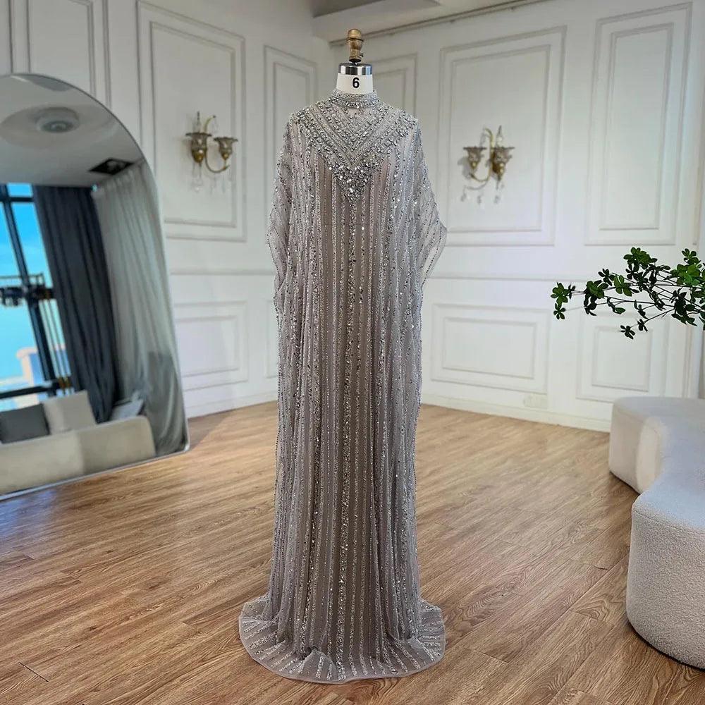 Serene Hill Luxury Dubai Silver Nude with Cape Mermaid Arabic Evening Dress Gowns with Beaded for Women's Party 2024 LA72484