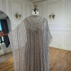 Serene Hill Luxury Dubai Silver Nude with Cape Mermaid Arabic Evening Dress Gowns with Beaded for Women's Party 2024 LA72484