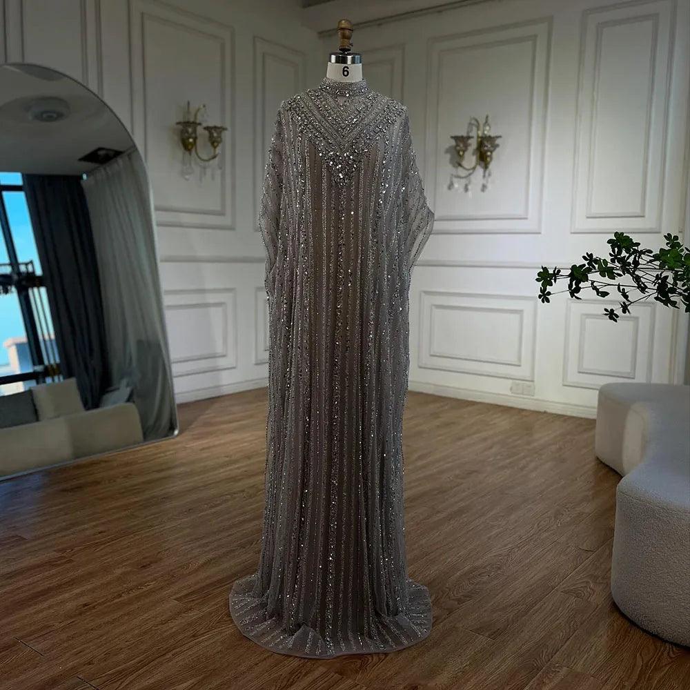 Serene Hill Luxury Dubai Silver Nude with Cape Mermaid Arabic Evening Dress Gowns with Beaded for Women's Party 2024 LA72484