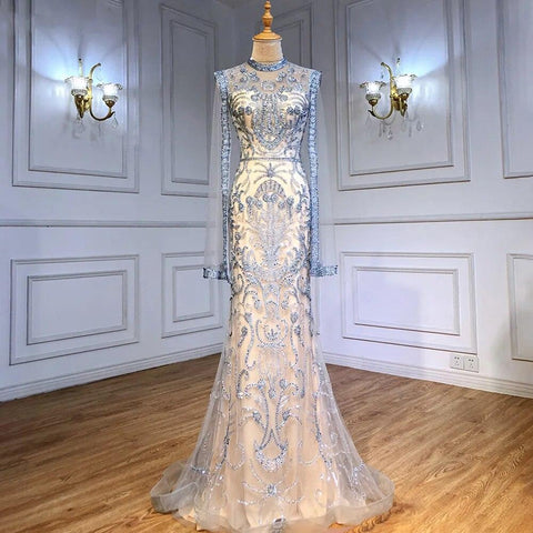 Serene Hill Luxury Grey  Nude With Cape  Mermaid Luxury Evening Dresses Gowns 2024 Beaded Elegant Sexy For Woman Party  LA71027