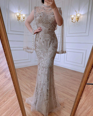 Serene Hill Luxury Grey  Nude With Cape  Mermaid Luxury Evening Dresses Gowns 2024 Beaded Elegant Sexy For Woman Party  LA71027