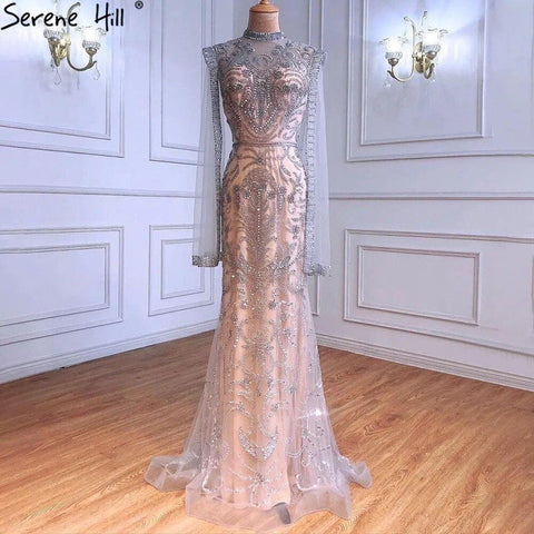 Serene Hill Luxury Grey  Nude With Cape  Mermaid Luxury Evening Dresses Gowns 2024 Beaded Elegant Sexy For Woman Party  LA71027