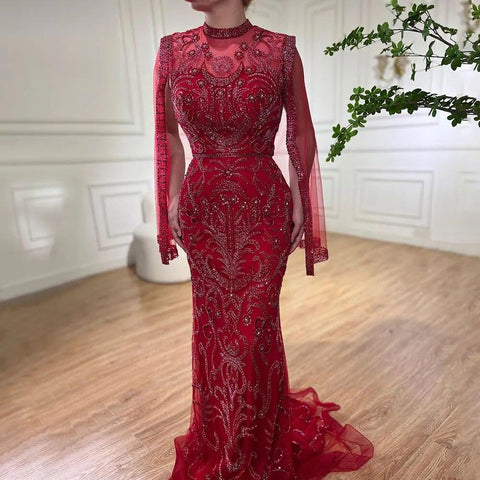 Serene Hill Luxury Grey  Nude With Cape  Mermaid Luxury Evening Dresses Gowns 2024 Beaded Elegant Sexy For Woman Party  LA71027