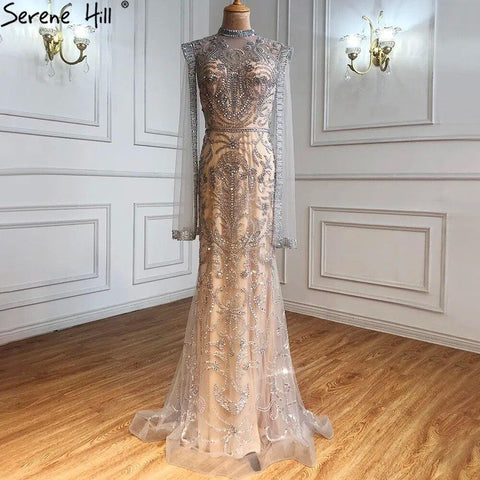 Serene Hill Luxury Grey  Nude With Cape  Mermaid Luxury Evening Dresses Gowns 2024 Beaded Elegant Sexy For Woman Party  LA71027