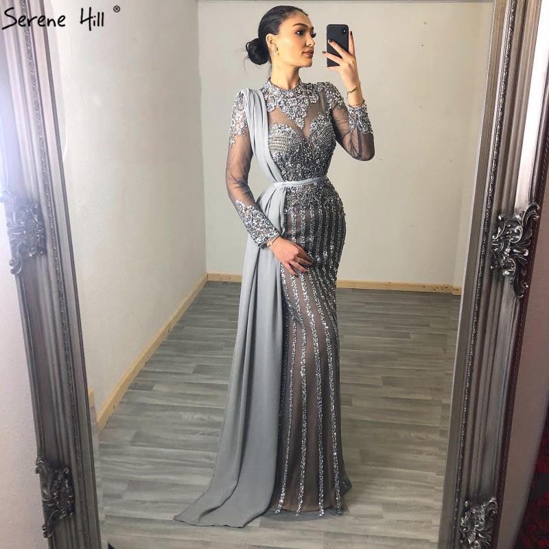 Serene Hill  Luxury Muslim Gray Luxury Long Elegant with Detachable Train Mermaid Evening Gowns Dresses  For Woman LA70199