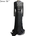Serene Hill  Luxury Muslim Gray Luxury Long Elegant with Detachable Train Mermaid Evening Gowns Dresses  For Woman LA70199