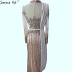 Serene Hill  Luxury Muslim Gray Luxury Long Elegant with Detachable Train Mermaid Evening Gowns Dresses  For Woman LA70199